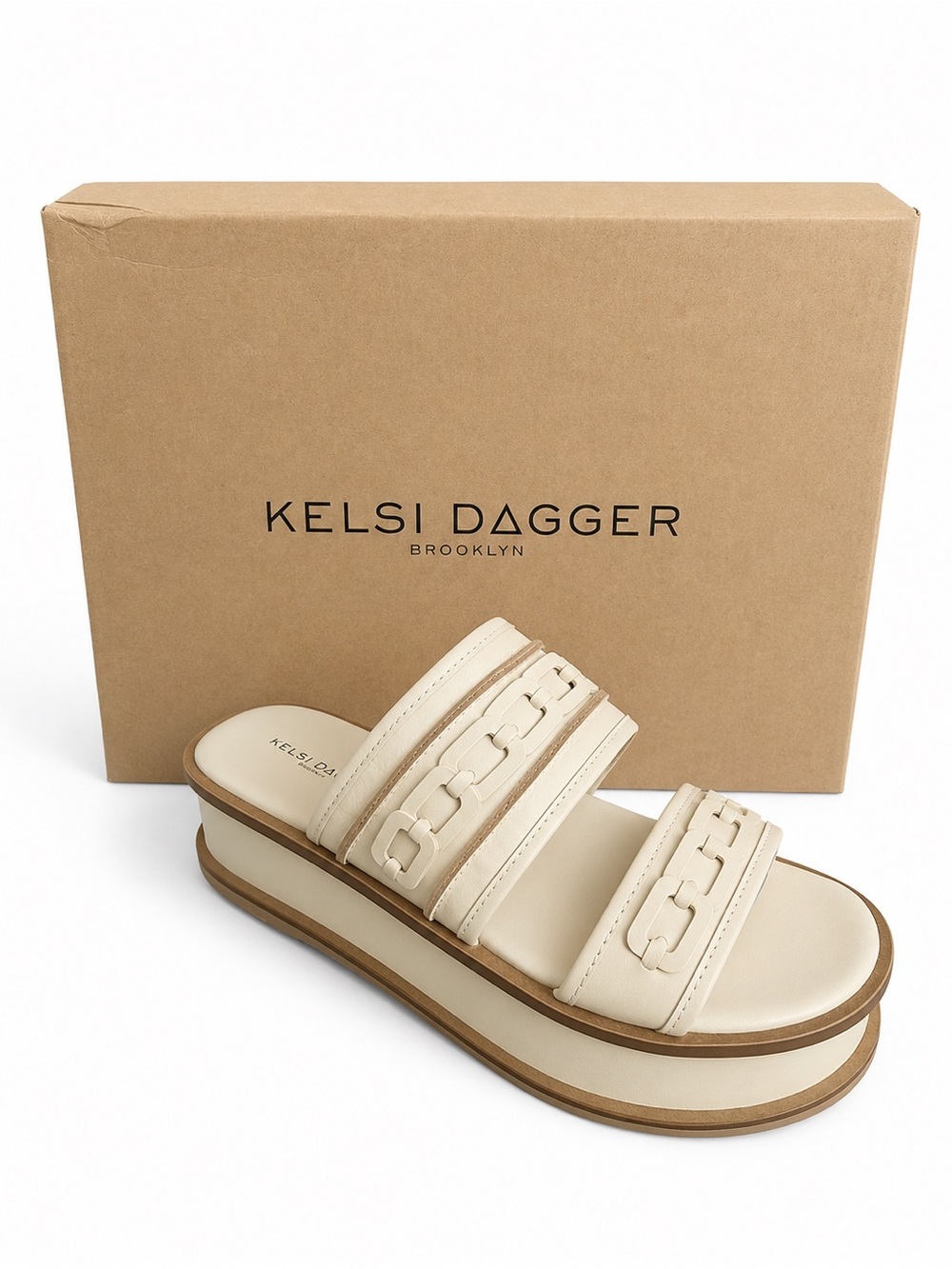 Kelsi Dagger Drift platform Cream Double-Strap Chain Slides NIB